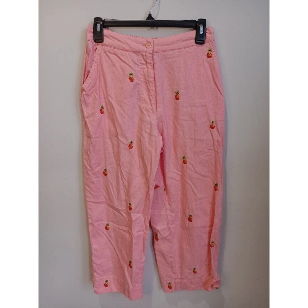 Sun Moda Resort Wear Capri Pants Pint Linen Cotton Embroidered Pineapples Small
